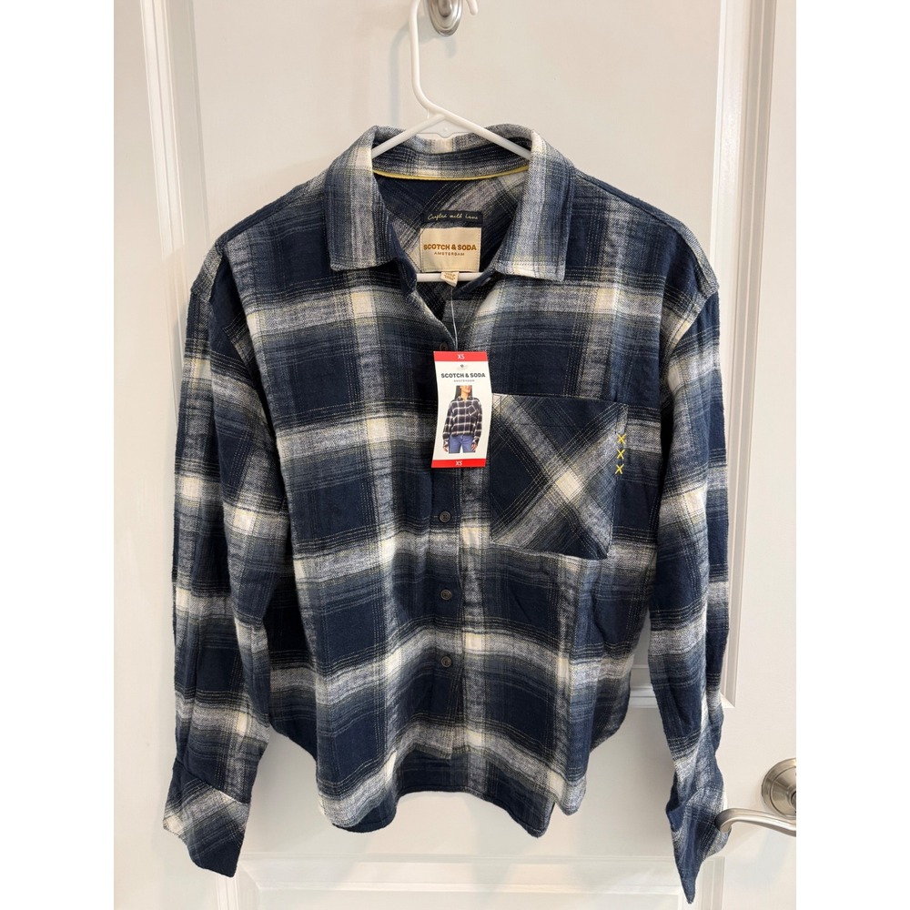 Scotch & Soda Amsterdam Navy Blue Plaid Flannel Button Down Shirt XS NWT